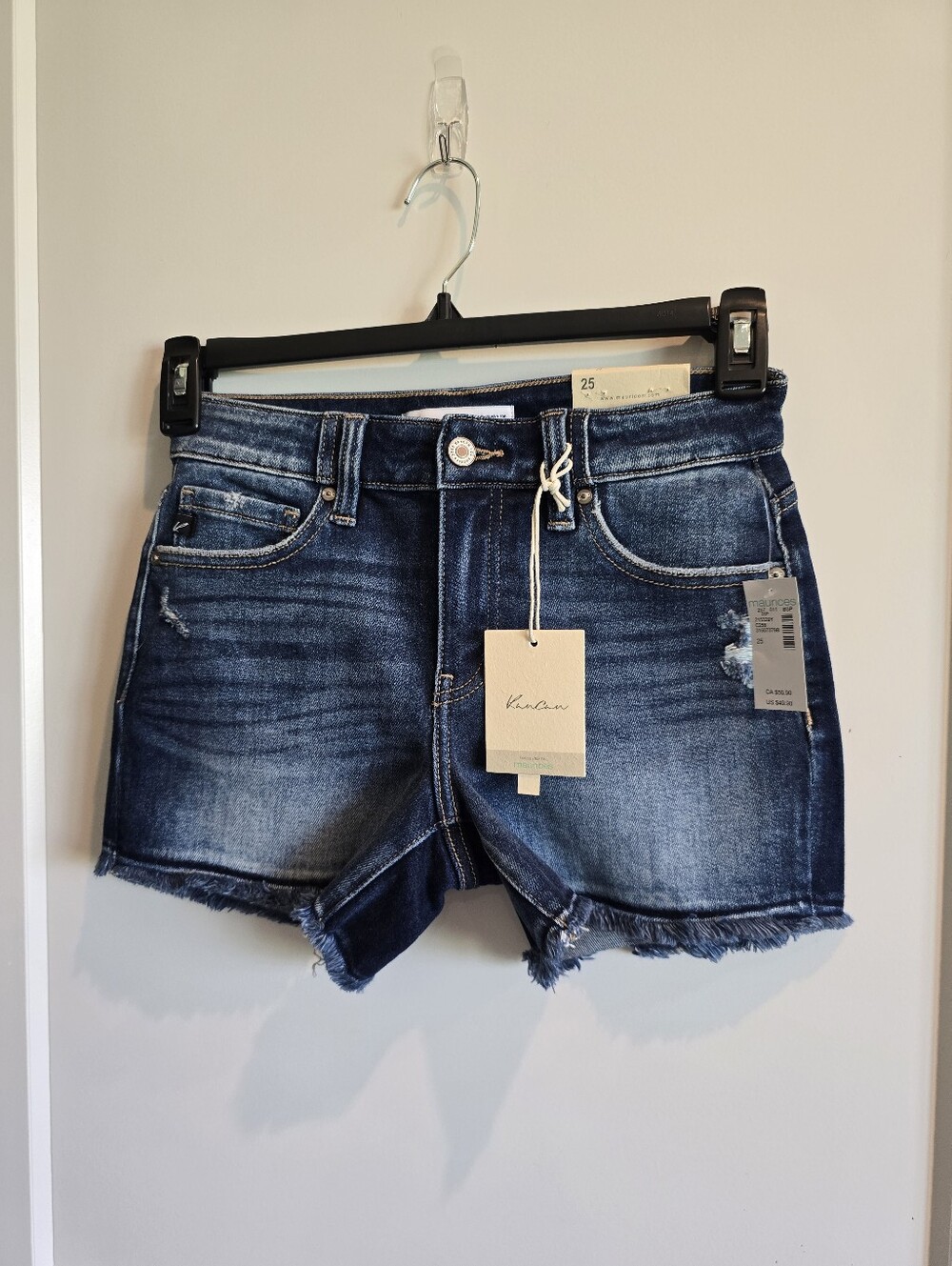 KanCan Dark Wash Mid Rise Distressed Shorts